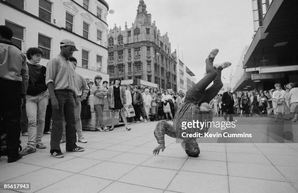Breakdancer performing in Manchester city centre, 2nd August 1992.