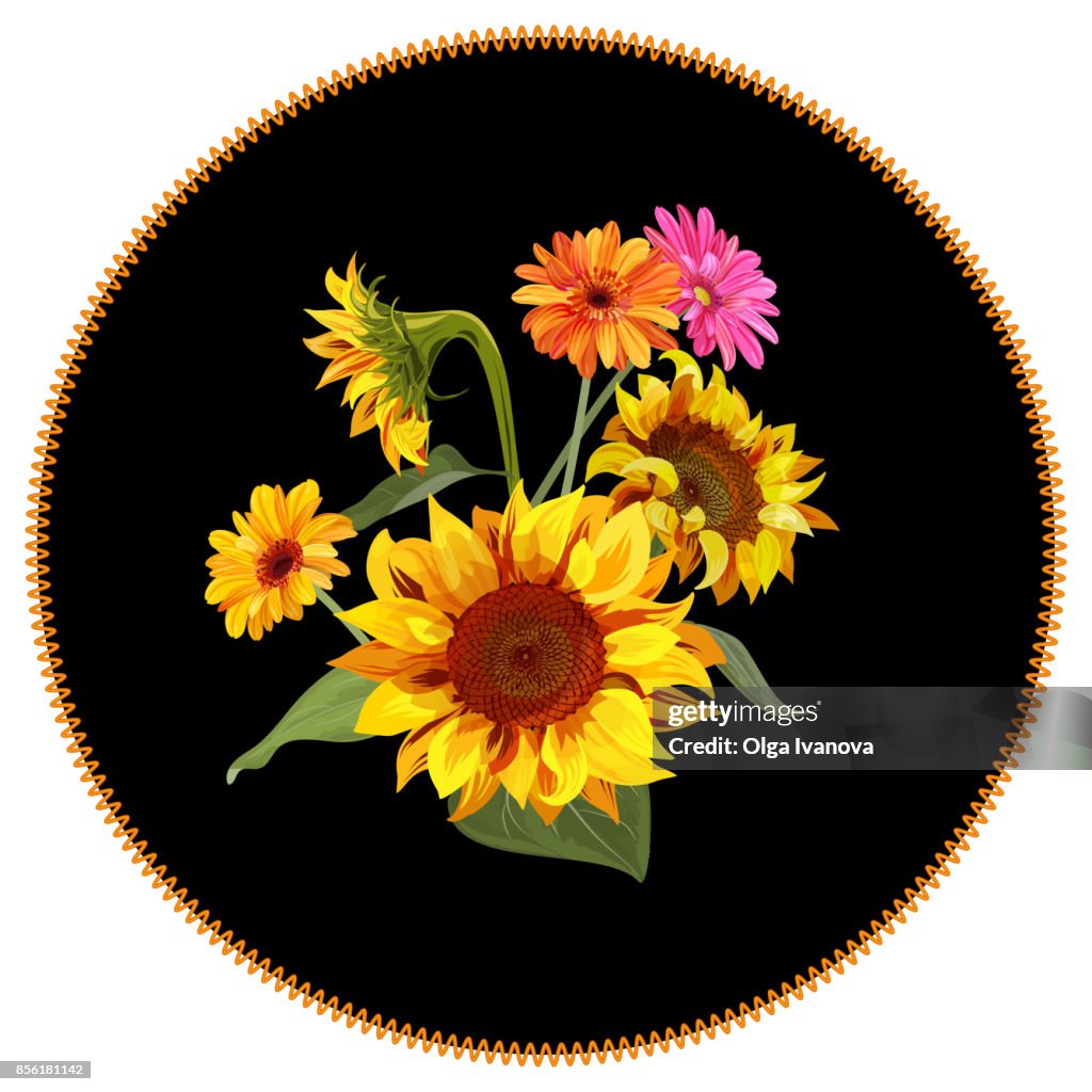 Redonda De Parche Con Ramo De Flores Margaritas De Gerbera Girasol Naranja Rosado Amarillo Flores Cogollos Hojas De Color Verde Sobre Fondo Negro Dibujar Digital Ilustración En Acuarela Estilo Para El Diseño Redonda De Parche Con Ramo De Flores Margaritas De Gerbera Girasol Naranja Rosado Amarillo Flores Cogollos Hojas De Color Verde Sobre Fondo Negro Dibujar Digital Ilustración En Acuarela Estilo Para El Diseño