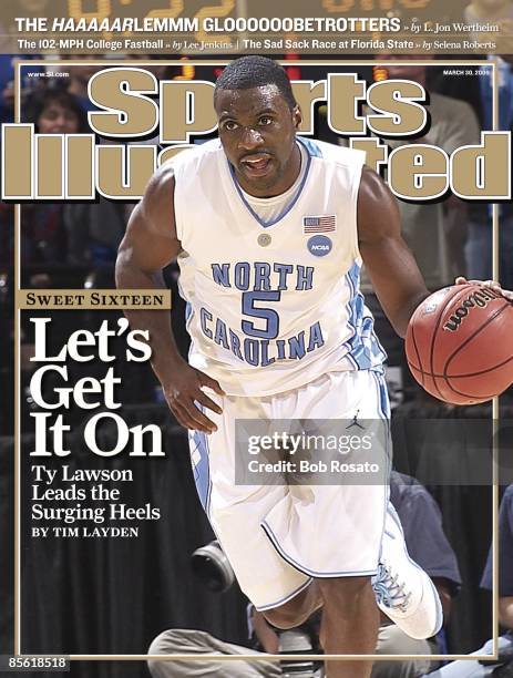 March 30, 2009 Sports Illustrated via Getty Images Cover: College Basketball: NCAA Playoffs: North Carolina Ty Lawson in action, dribbling upcourt vs...