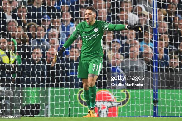 Manchester City goalkeeper Ederson Moraes during the Premier League match between Chelsea and Manchester City at Stamford Bridge, London, England on...