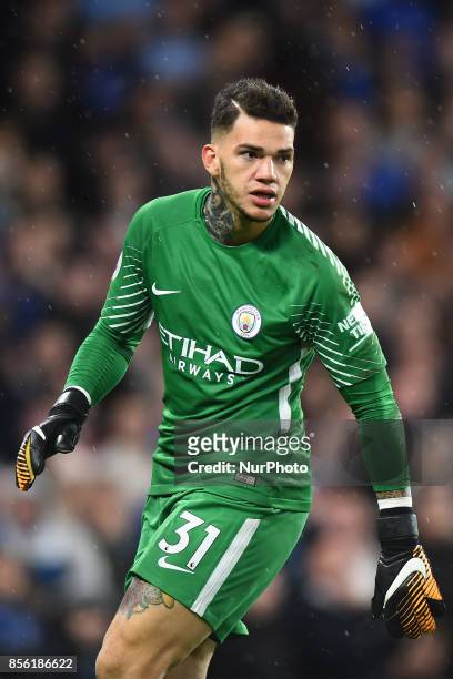 Manchester City goalkeeper Ederson Moraes in action during the Premier League match between Chelsea and Manchester City at Stamford Bridge, London,...