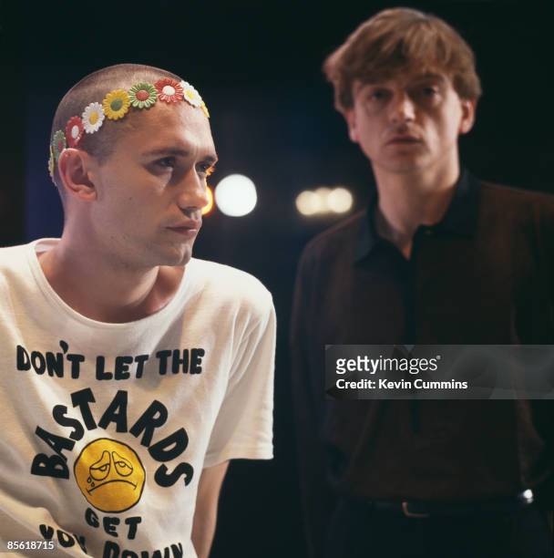 Dancer Michael Clark and singer and lyricist Mark E. Smith of The Fall on the set of the ballet 'I Am Kurious Oranj', at the King's Theatre,...
