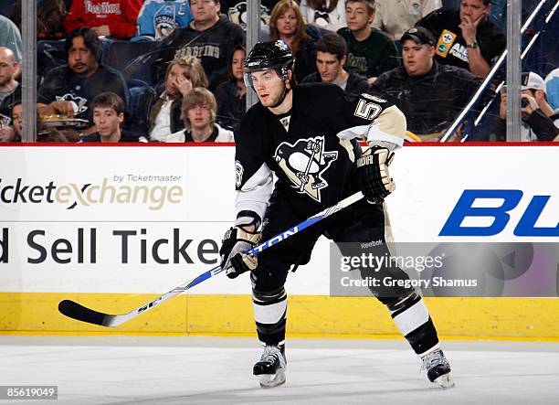 Kris Letang of the Pittsburgh Penguins skates against the Calgary Flames on March 25, 2009 at Mellon Arena in Pittsburgh, Pennsylvania.