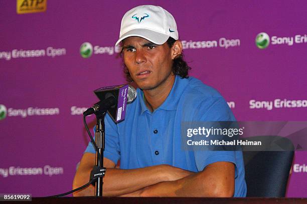 Rafael Nadal of Spain speaks to the media at a press conference during day four of the Sony Ericsson Open at the Crandon Park Tennis Center on March...