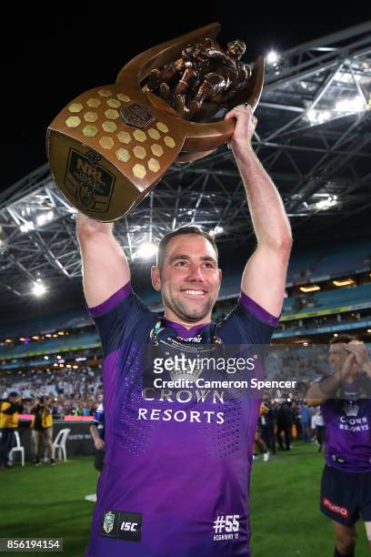 Cameron Smith of the Storm holds aloft the Provan-Summons Trophy after winning the 2017 NRL Grand Final match between the Melbourne Storm and the...