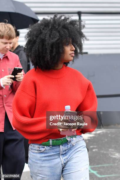 Julia Sarr-Jamois is seen arriving at Balenciaga fashion show during Paris Fashion Week Womenswear Spring/Summer 2018 on October 1, 2017 in Paris,...