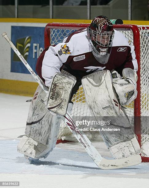 Jason Missiaen of the Peterborough Petes keeps his eye on the play in the 3rd game of the opening round eastern conference series against the...