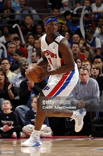 Kwame Brown of the Detroit Pistons looks to make a move during the game against the Memphis Grizzlies at the Palace of Auburn Hills on March 15, 2009...