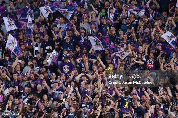 Billy Slater of the Storm celebrates after winning the 2017 NRL Grand Final match between the Melbourne Storm and the North Queensland Cowboys at ANZ...