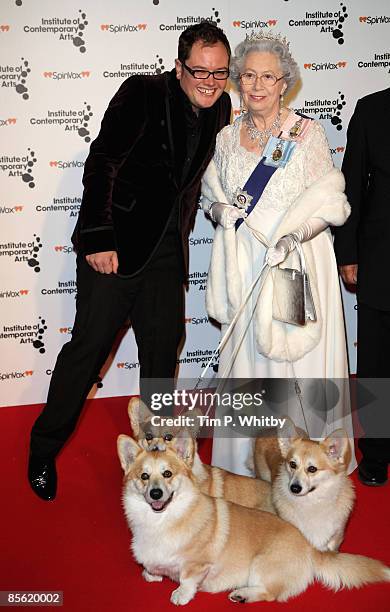 Alan Carr and a look-a-like of HRH Queen Elizabeth attend Figures Of Speech, a fundraising gala for the ICA at The Brewery on March 26, 2009 in...