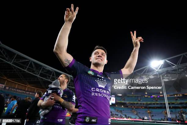 Cooper Cronk of the Storm celebrates after winning the 2017 NRL Grand Final match between the Melbourne Storm and the North Queensland Cowboys at ANZ...
