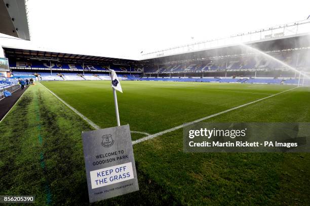 General view of a Welcome to Goodison Park keep off the grass sign pitchside ahead of the Premier League match at Goodison Park, Liverpool.