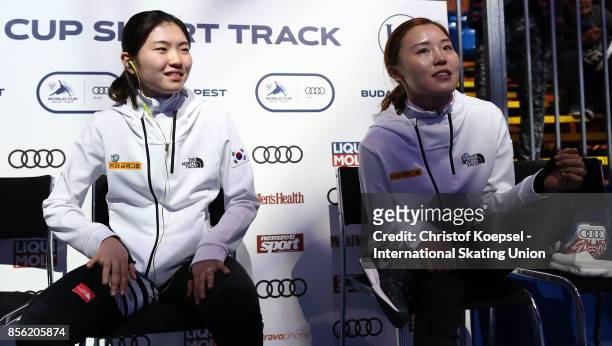 Lang A Kim of Korea and Hee Suk Shim of Korea prepare during the Audi ISU World Cup Short Track Speed Skating at Bok Hall on October 1, 2017 in...