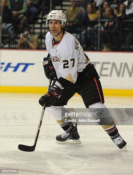 Scott Niedermayer of the Anaheim Ducks skates against the Nashville Predators on March 24, 2009 at the Sommet Center in Nashville, Tennessee.