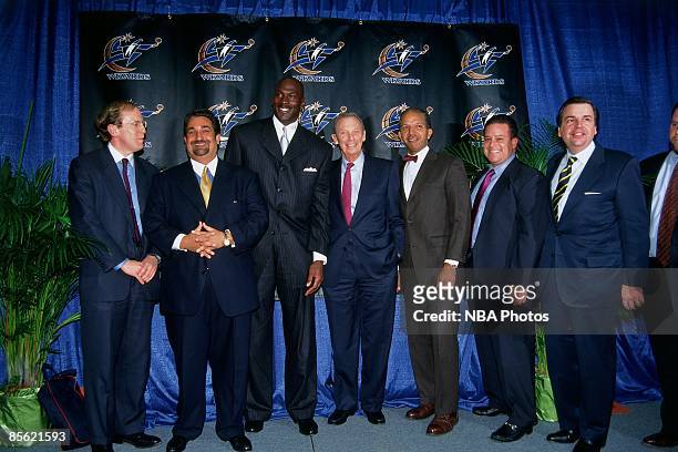 Abe Pollin, owner of the Washington Wizards poses for a portrait with Michael Jordan who was named President of Basketball Operations on January...