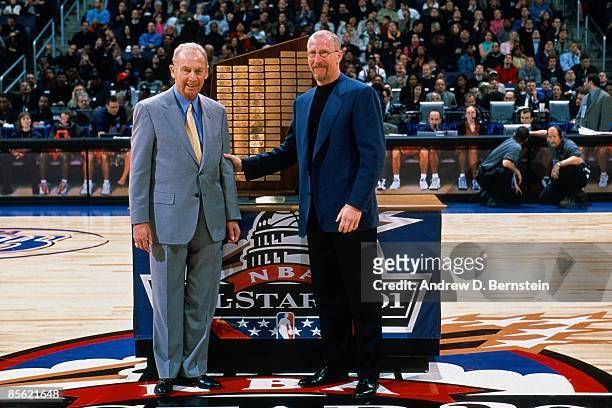 Abe Pollin, owner of the Washington Wizards and Pat Croce of the Philadelphia 76ers pose for a portrait during the 2001 NBA All-Star Game on February...