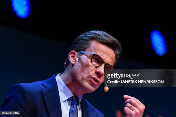 Ulf Kristersson gives a speach after his election as the new leader of the Swedish liberal-conservative Moderate Party during a party meeting in...