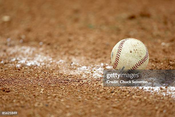 Closeup of baseball during Pittsburgh Pirates vs Tampa Bay Rays spring training game. Equipment. Bradenton, FL 3/23/2009 CREDIT: Chuck Solomon