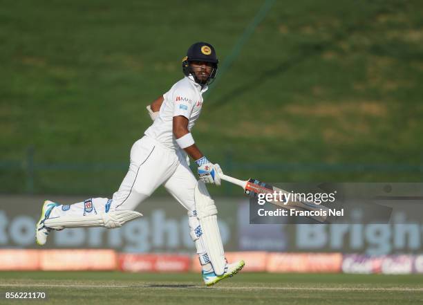 Kusal Mendis of Sri Lanka bats during Day Four of the First Test between Pakistan and Sri Lanka at Sheikh Zayed stadium on October 1, 2017 in Abu...