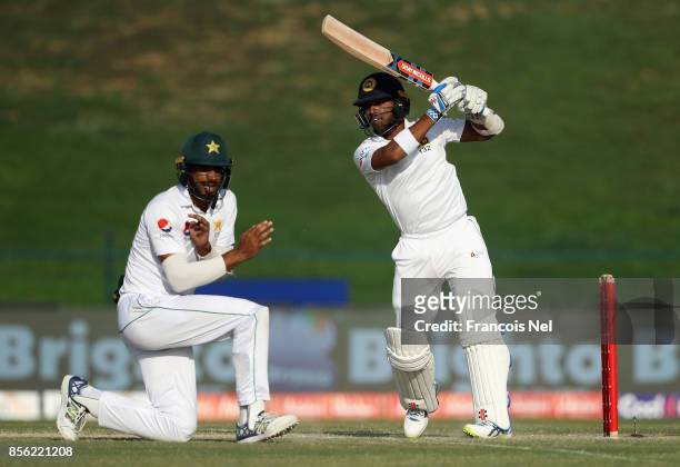 Kusal Mendis of Sri Lanka bats during Day Four of the First Test between Pakistan and Sri Lanka at Sheikh Zayed stadium on October 1, 2017 in Abu...