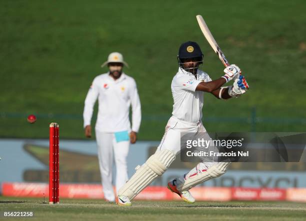 Kusal Mendis of Sri Lanka bats during Day Four of the First Test between Pakistan and Sri Lanka at Sheikh Zayed stadium on October 1, 2017 in Abu...