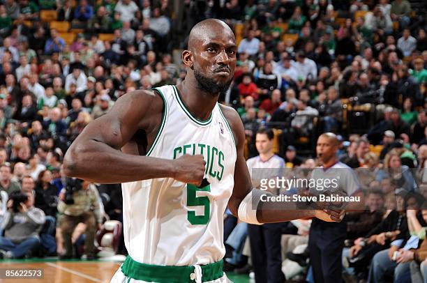 Kevin Garnett of the Boston Celtics celebrates on the court during the game against the Los Angeles Clippers at The TD Banknorth Garden on March 23,...