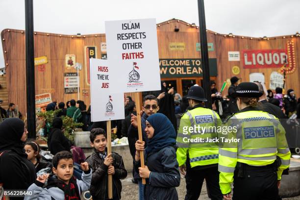 Protesters gather with placards ahead of the annual Ashura march in Marble Arch on October 1, 2017 in London, England. Hundreds of protesters march...