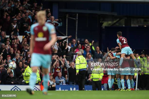 Jeff Hendrick of Burnley celebrates after scoring a goal to make it 0-1 during the Premier League match between Everton and Burnley at Goodison Park...