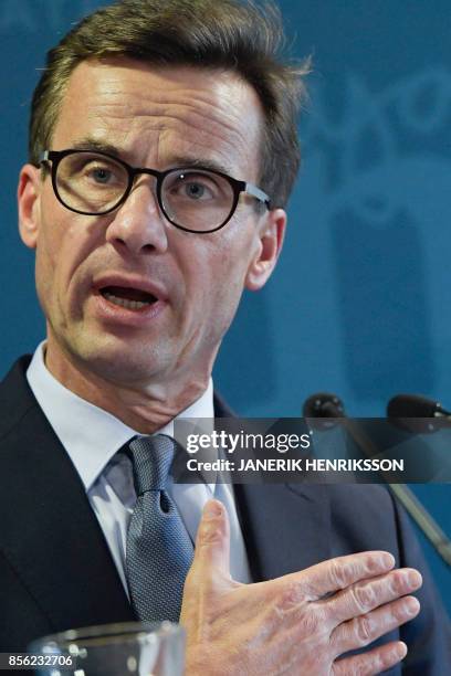 Ulf Kristersson gives a press conference after his election as the new leader of the Swedish liberal-conservative Moderate Party in Stockholm,...