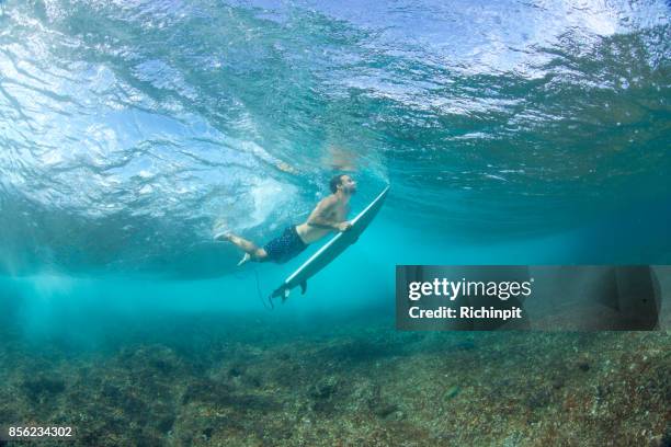 male surfer duck dives a wave - duck dive stock pictures, royalty-free photos & images