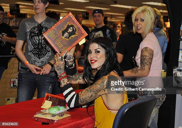 Kat Von D promotes her new book ''High Voltage Tattoo'' at a Borders book store on March 7, 2009 in Philadelphia, Pennsylvania.