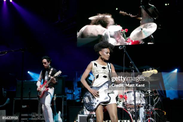 Musicians Dan Smith, Shingai Shoniwa and Jamie Morrison of Noisettes perform on stage at the Teenage Cancer Trust Concert at the Royal Albert Hall on...