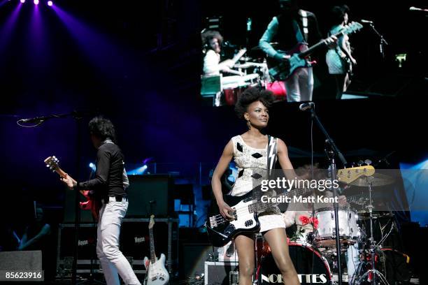 Musicians Dan Smith, Shingai Shoniwa and Jamie Morrison of Noisettes perform on stage at the Teenage Cancer Trust Concert at the Royal Albert Hall on...