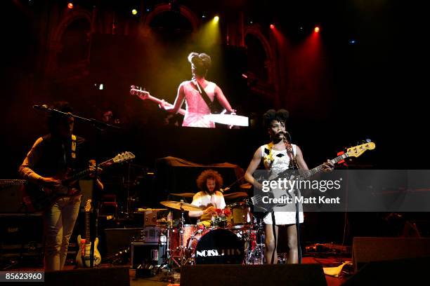 Musicians Dan Smith, Shingai Shoniwa and Jamie Morrison of Noisettes perform on stage at the Teenage Cancer Trust Concert at the Royal Albert Hall on...