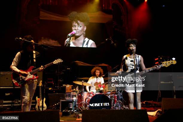 Musicians Dan Smith, Shingai Shoniwa and Jamie Morrison of Noisettes perform on stage at the Teenage Cancer Trust Concert at the Royal Albert Hall on...