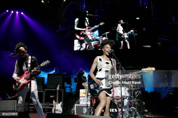 Musicians Dan Smith, Shingai Shoniwa and Jamie Morrison of Noisettes perform on stage at the Teenage Cancer Trust Concert at the Royal Albert Hall on...