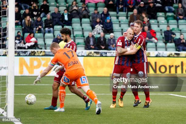 Magnus Eriksson of Djurgardens IF celebrates after scoring during the Allsvenskan match between GIF Sundsvall and Djurgardens IF at Norrporten Arena...