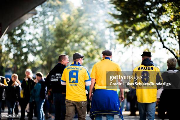 Fans of Braunschweig arrive prior to the Second Bundesliga match between Eintracht Braunschweig and FC St. Pauli at Eintracht Stadion on October 1,...