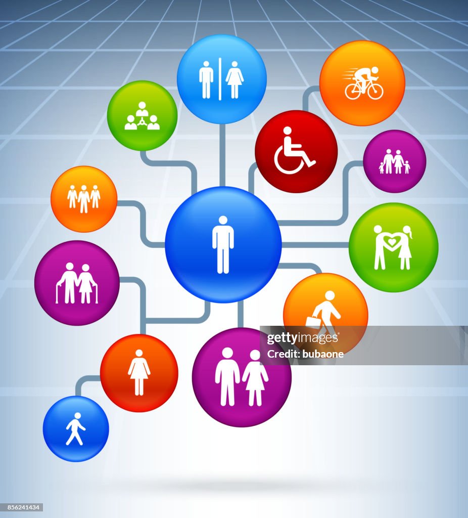 Icone delle persone e della vita moderna sullo sfondo prospettica dei pulsanti colorati