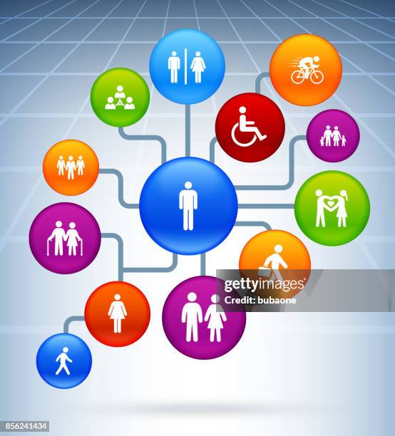 people and modern life icons on colorful buttons perspective background - mother son standing bed stock illustrations