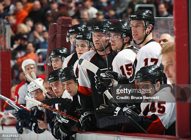 The Philadelphia Flyers watch the action against the Florida Panthers at the Wachovia Center March 26, 2009 in Philadelphia, Pennsylvania.