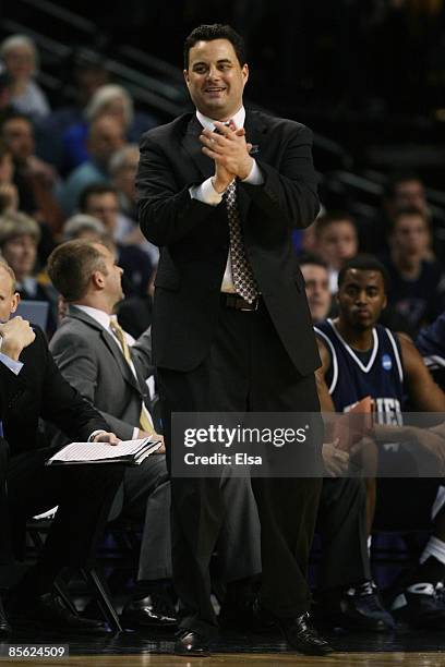 Head coach Sean Miller of the Xavier Musketeers claps during their game against the Pittsburgh Panthers during the NCAA Men's Basketball Tournament...