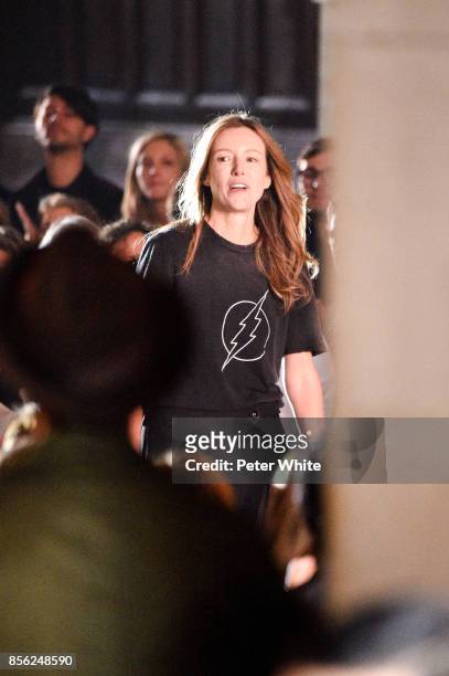 Designer Clare Waight Keller walks the runway at the end of the Givenchy show as part of the Paris Fashion Week Womenswear Spring/Summer 2018 on...