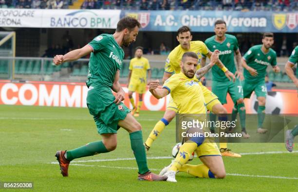 Alessandro Gamberini of AC Chievo Verona competes with Milan Badelj of ACF Fiorentina during the Serie A match between AC Chievo Verona and ACF...
