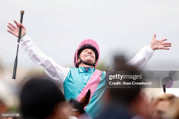 Frankie Dettori celebrates after riding Enable to win The Prix de l'Arc de Triomphe during Prix de l'Arc de Triomphe meeting at Chantilly Racecourse...