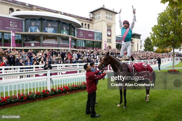 Frankie Dettori riding Enable win The Prix de l'Arc de Triomphe during Prix de l'Arc de Triomphe meeting at Chantilly Racecourse on October 1, 2017...