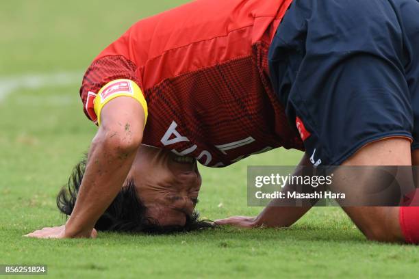 Hisato Sato of Nagoya Grampus looks on during the J.League J2 match between FC GIfu and Nagoya Grampus at Nagaragawa Stadium on October 1, 2017 in...