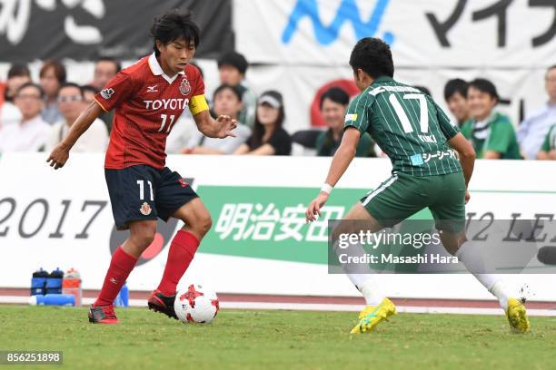 Hisato Sato of Nagoya Grampus in action during the J.League J2 match between FC GIfu and Nagoya Grampus at Nagaragawa Stadium on October 1, 2017 in...