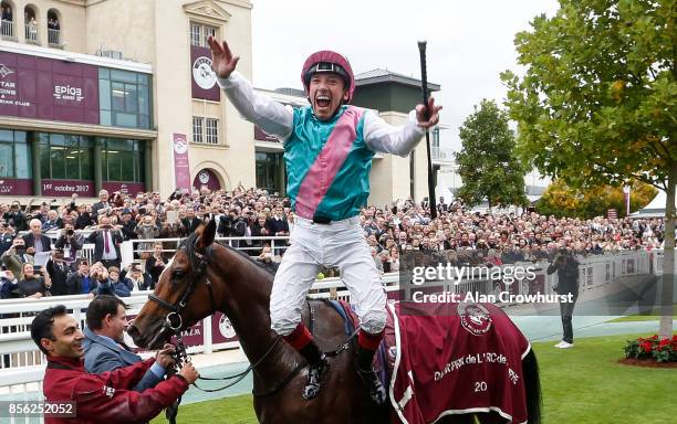 Frankie Dettori riding Enable win The Prix de l'Arc de Triomphe during Prix de l'Arc de Triomphe meeting at Chantilly Racecourse on October 1, 2017...