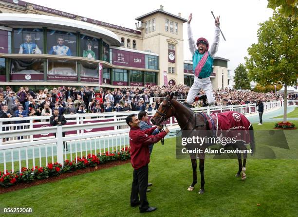 Frankie Dettori riding Enable win The Prix de l'Arc de Triomphe during Prix de l'Arc de Triomphe meeting at Chantilly Racecourse on October 1, 2017...